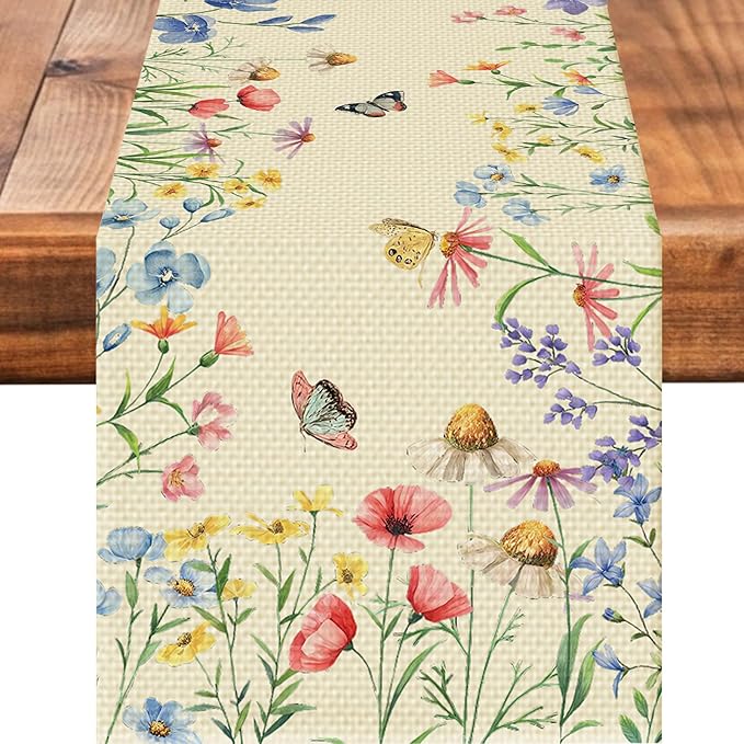 Retro Butterfly Flowers Table Runner Seasonal Spring Kitchen Dining Linen Table Decoration for Indoor Outdoor Home Party Decor 13 x 72 Inch