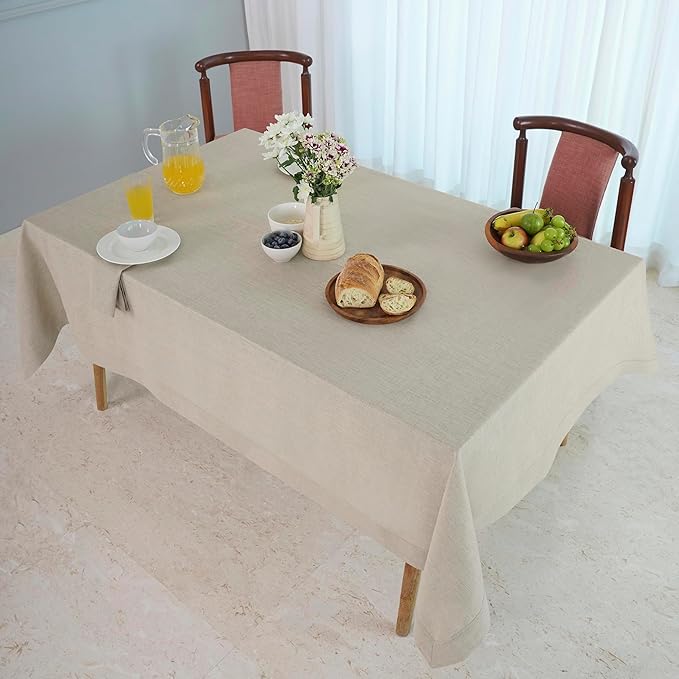 D'Moksha Homes Linen Natural Tablecloth 60 x 90 Inch - 100% Pure Linen Rectangular Tablecloth - Machine Washable Table Cloth for Winter, Christmas, Holiday, New Year