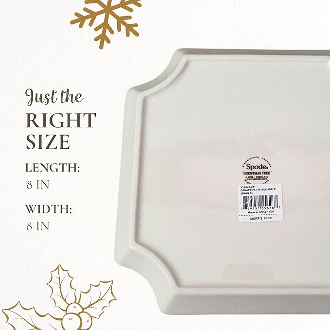 Spode Christmas Tree Canape Plate - 8" Holiday Serving Dish for Appetizers, Desserts, Treats - Fine Porcelain with Green Border, Dishwasher Safe - Ideal Christmas Tableware