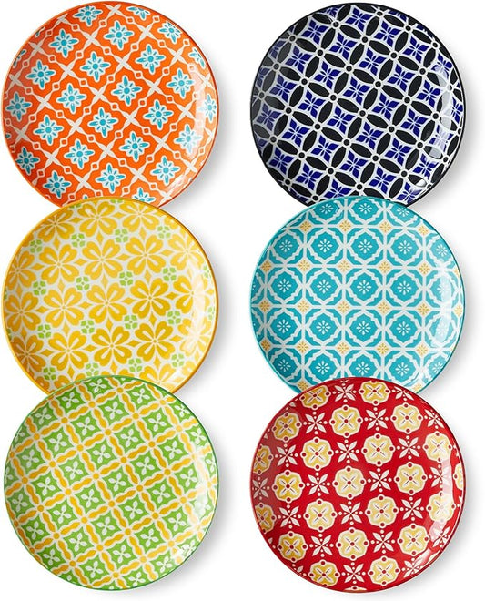 Ceramic Dessert Plates, 6 Inch Small Appetizer Plates, Colorful Snack Dishes for Pastries, Desserts, Fruits, Side Dishes, Dishwasher & Microwave Safe, Set of 6