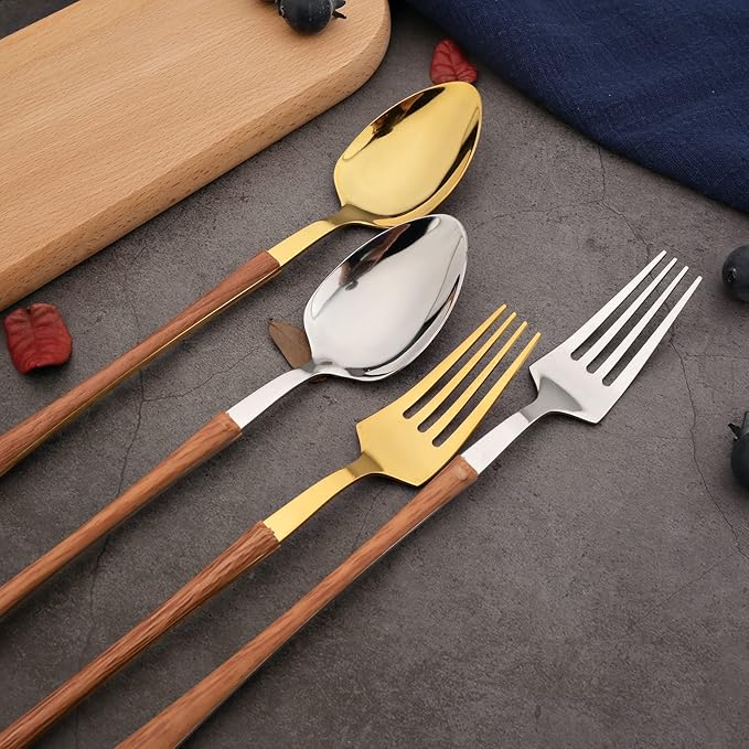 20-piece Stainless Steel Flatware Set with Wooden Handle, Wood Silverware Set for 4, Mirror, Dishwasher Safe, for Home Kitchen Travel - Small Waist Handle Gold