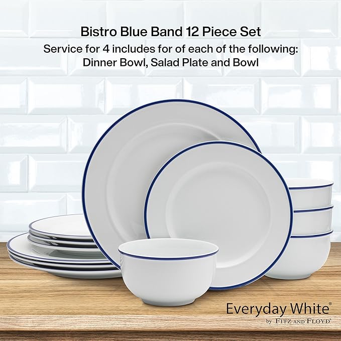 Everyday White by Fitz and Floyd Bistro Blue Band 12 Piece Dinnerware Set, Service for 4