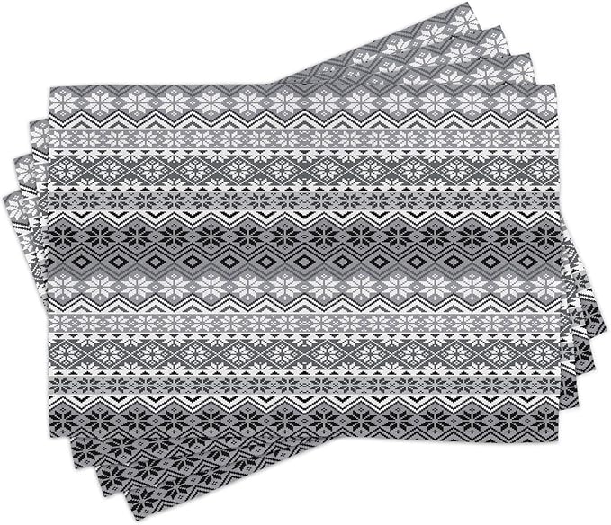 Ambesonne Grey Place Mats Set of 4, Nordic Snowflake Knit Patterns Scandinavian Motifs Traditional and Modern Print, Washable Fabric Placemats for Dining Table, Standard Size, Gray White