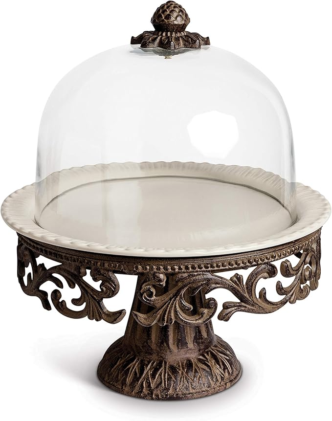 Glass Domed Cake Pedestal with Acanthus Leaf Ornate Brown Metal Base and Cream Ceramic Plate