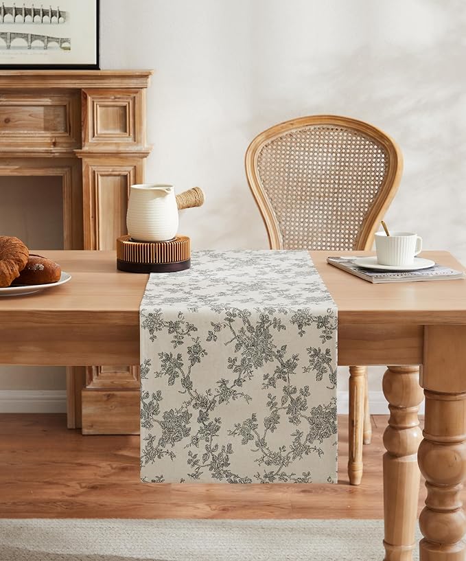 100% Cotton French Pastoral Table Runners, 13x72 Inch Black Farmhouse Table Runners 72 Inches Long, Vintage Flowers Print Home Decors