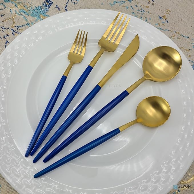 Elyon Lea 20 Piece Matte Gold/Blue Flatware Set, 18/10 Stainless Steel, Blue Thin Handles Silverware Set, Service for 4, Sturdy Cutlery Set, Heavy Duty Modern Satin Finish