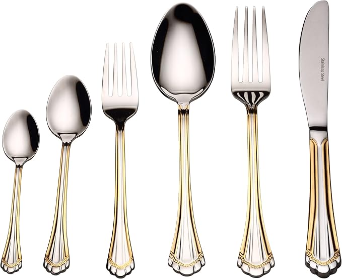 Venezia Collection 75-Piece Fine Flatware Set, Silverware Cutlery Dining Service for 12, Premium 18/10 Surgical Stainless Steel, 24K Gold-Plated Hostess Serving Set (Grand)
