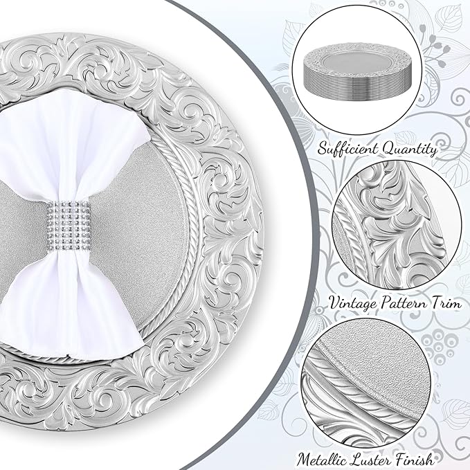 Uiifan 24 Pcs Antique Charger Plates Bulk 13'' Plastic Embossed Dinner Plate Chargers Round Floral Plates for Wedding Decorative Chargers for Table Dinner Kitchen Party Decoration (Silver)