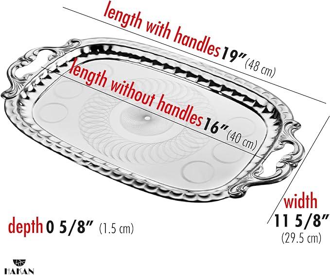 Hakan Stainless Steel Serving Tray with Handles, 19 x 11.6-inch Ornamental Rectangular Decorative Design Platter for Table. Party, Centerpiece Platter, Antique Wedding Decor, Silver