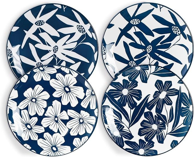 ONEMORE Dinner Plates Set of 4, 8.5 Inch Ceramic Blue and White Salad Dessert Appetizers Plates, Microwave & Dishwasher Safe Scratch Resistant, Small Serving Dish Platters