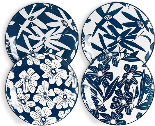 ONEMORE Dinner Plates Set of 4, 8.5 Inch Ceramic Blue and White Salad Dessert Appetizers Plates, Microwave & Dishwasher Safe Scratch Resistant, Small Serving Dish Platters