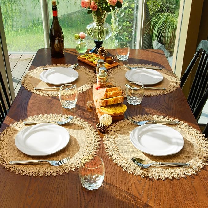 Round Burlap Placemats Set of 12 Jute Rustic Place Mats for Dining Tables Heat Resistant Natural Farmhouse Table Mats Decor (Flower Tassel New)