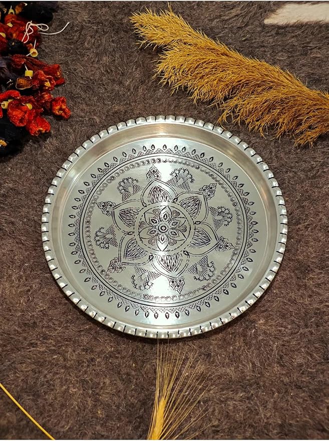 Serving Tray Copper Ottoman Tray 12 Inch Silver Color Decorative Tea Tray for Coffee Table, Kitchen, Living Room, Home Decor - Silver, One Size
