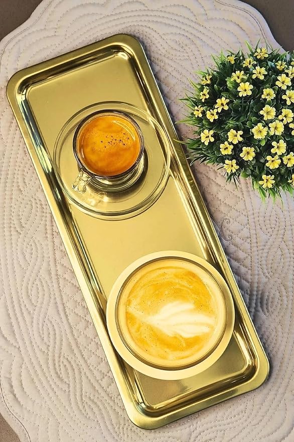 Elegant Stainless Steel Rectangular Serving Tray, Mirror Finish Coffee Tea Platter, Silver, 13 x 5.12 Inch, for Cafe, Home Desserts Long Metal Plate for Café, Home, Gift Bahtroom Tray Gold