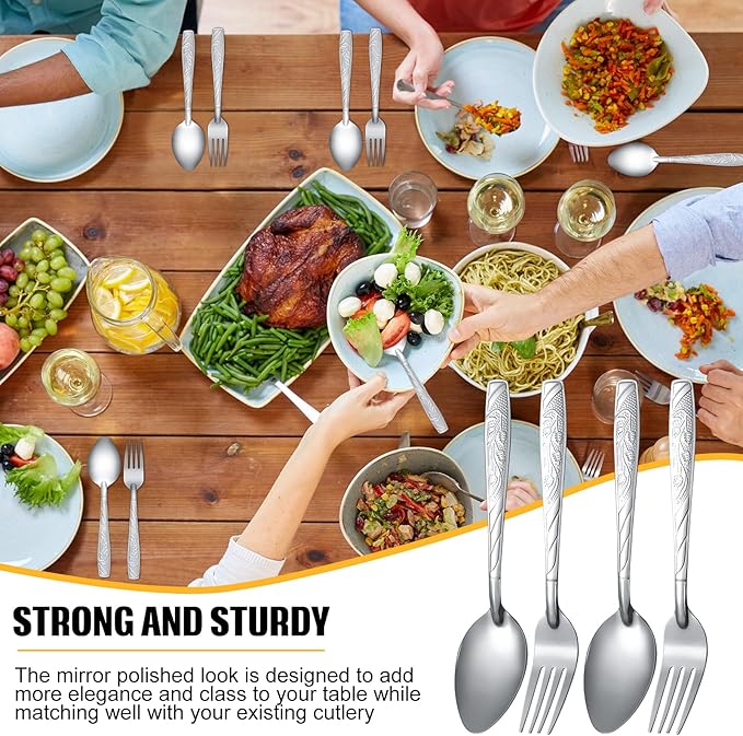 50 Pcs Forks and Spoons Silverware Set Stainless Steel Flatware Cutlery Set Heavy Duty Metal Spoons and Forks for Kitchen Utensil Dinner Restaurant Home, Mirror Polished, Dishwasher Safe(Flower)