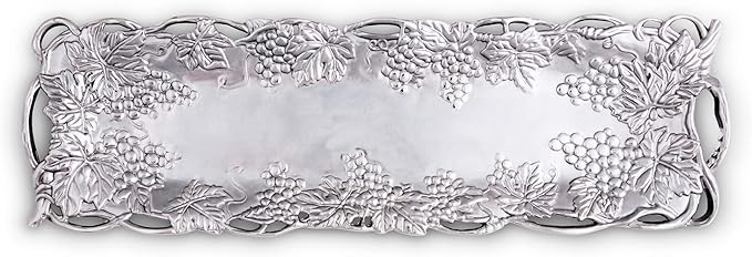 Arthur Court Metal Oblong Serving Tray Grape Pattern Sand Casted in Aluminum with Artisan Quality Hand Polished Designs Tarnish Free 19 inch x 5.5 inch