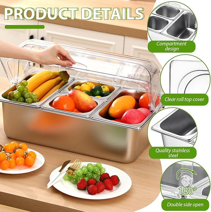 4 Pans Countertop Ice Food Serving Display Container and Clear Roll Top Cover Stainless Steel Condiment Dispenser Serving Tray Salad Bar Buffet Station for Restaurant Hotel Kitchen Party