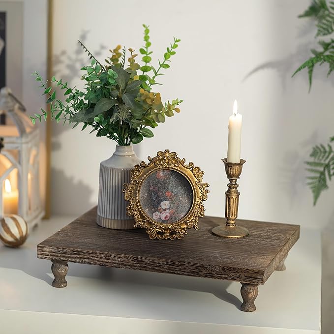 Hanobe Wooden Riser Decorative Tray: Farmhouse Wood Pedestal Display Stand Rustic Brown Tray Riser Centerpiece for Coffee Bar Kitchen Dining Room Home Table Decor, Short & Tall Footed