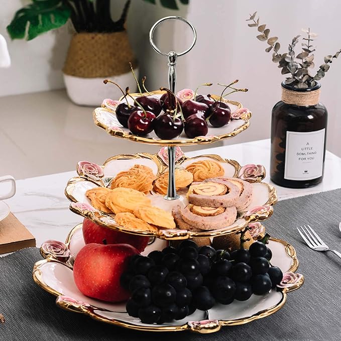 3 Tier Round Metal Cake Stand Holder Heavy Duty Fruit Plate Handle Fittings Hardware Rod (Silver Circle)