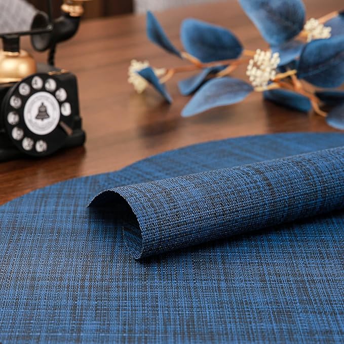 Round Placemats Set of 4 Heat Resistant Vinyl Placemats 15 inch Washable Non-Slip Table Mats Woven Place Mats for Dining Table (Dark Blue, Set of 4)