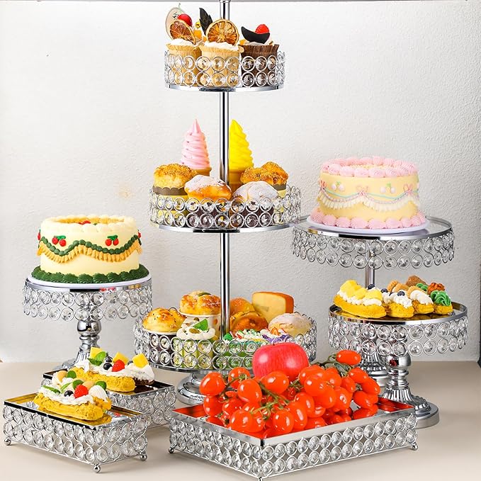 Tioncy 7 Pcs Cake Stand Set with Crystal Beaded Mirror Metal Dessert Table Display Stands for Dessert Table Cupcake Holder for Birthday Party Wedding Festival (Silver)