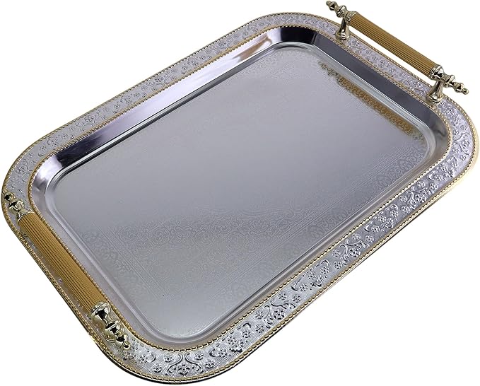 17.1 inch x 12.4 inch Rectangular Chrome Plated Silver Serving Tray with Handles Iron Gold Edge Engraved Decorative Wedding Dessert Buffet Wine Decor Platter Plate NC-147