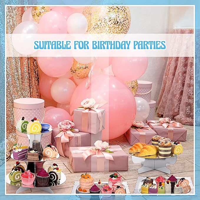 Zopeal 7 Pcs Dessert Table Display Set 3-Tier Cupcake Stand 1-Tier Cup Cake Display Tower Platters and Serving Trays Cardboard Cake Cookie Holders for Wedding Birthday Party Baby Shower(Silver)