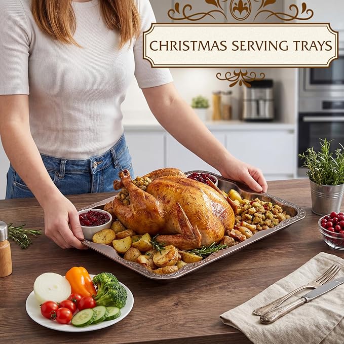 4 Pack Bronze Serving Trays Set for Party, Butterfly Floral Bronze Platter Engraved Mirror Tray, 15.8 x 11.6 Inches Elegant Metal Plate for Christmas Food Appetizer Cookies Desserts