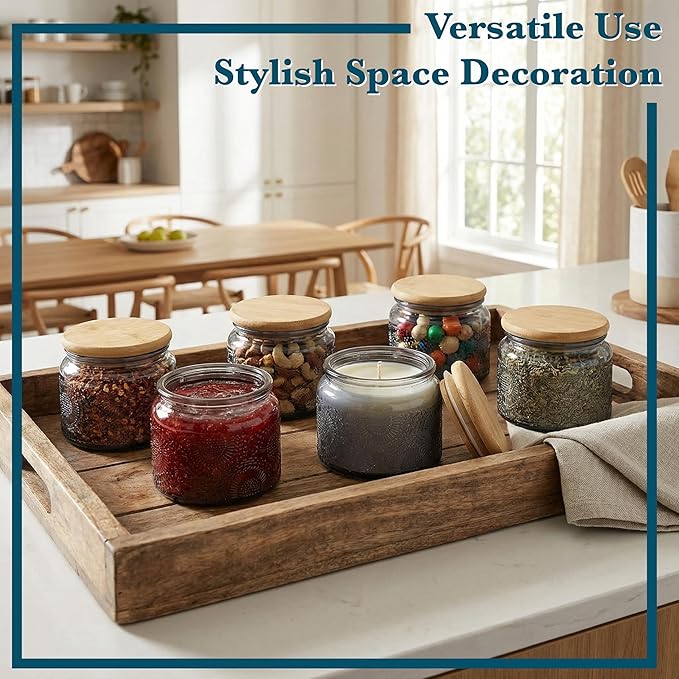 4 oz Grey Mini Glass Jars with Airtight Bamboo Lids 6 pack, Decorative Small Food Storage Canister, Vintage Embossed Home Décor Candle Parties Wedding Baby Shower Favors Gift