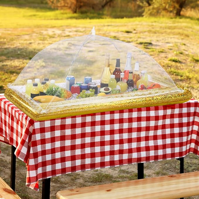 8 Pcs Glitter Inflatable Serving Bar Kit Includes 2 Salad Buffet Tray with Drain Plug 5 Mesh Food Cover 1 Inflator Inflatable Food Drink Containers for Outdoors Pool Party Camping(Gold)