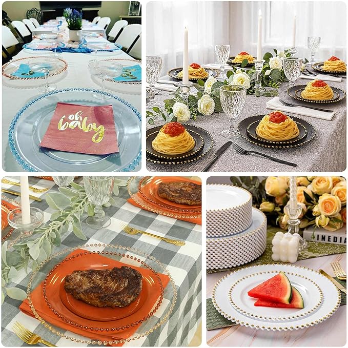 Efavormart 10-Pack Plastic Round Dinner Plates 10" Clear Silver Glittered with Beaded Rim - Disposable Party Plates