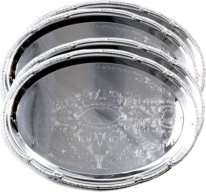 (Pack of 4) 14.7" x 10.6" Oval Shape Chrome Plated Serving Tray Plate Food Art Deco Floral Pattern Engraved Multi-Purpose Holiday Party Buffet Wedding Birthday (Large) T125L-4PK