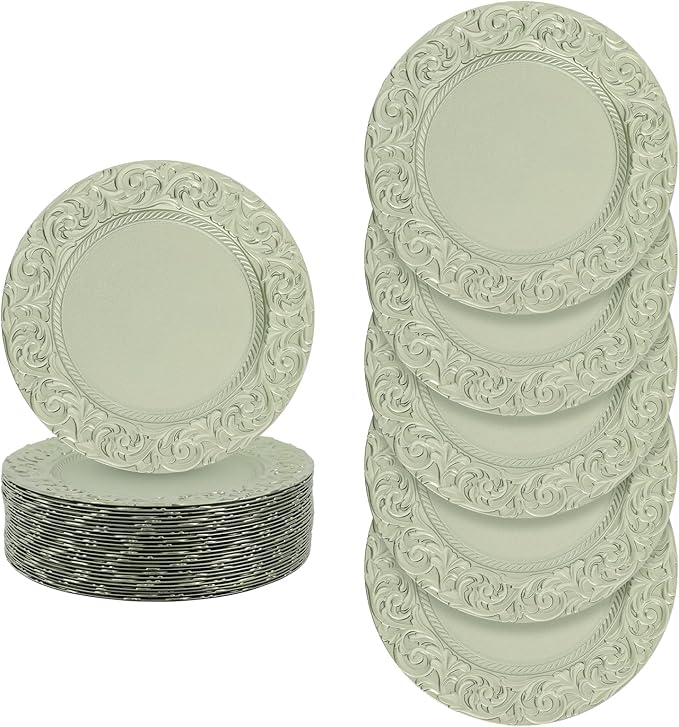 50 Pcs Antique Charger Plates Bulk Round Plastic Dinner Plate Embossed Rim Server Plate Decorative Chargers Floral Plates for Dinner Parties Wedding,13 Inch (green-50pcs)