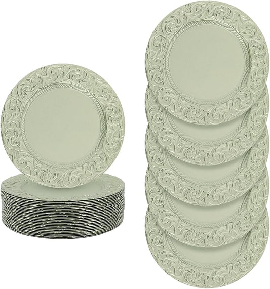 50 Pcs Antique Charger Plates Bulk 13" Round Floral Chargers for Dinner Plates, Green Charger Plates for Wedding, Party, Elegant Tabletop Decor (Green)