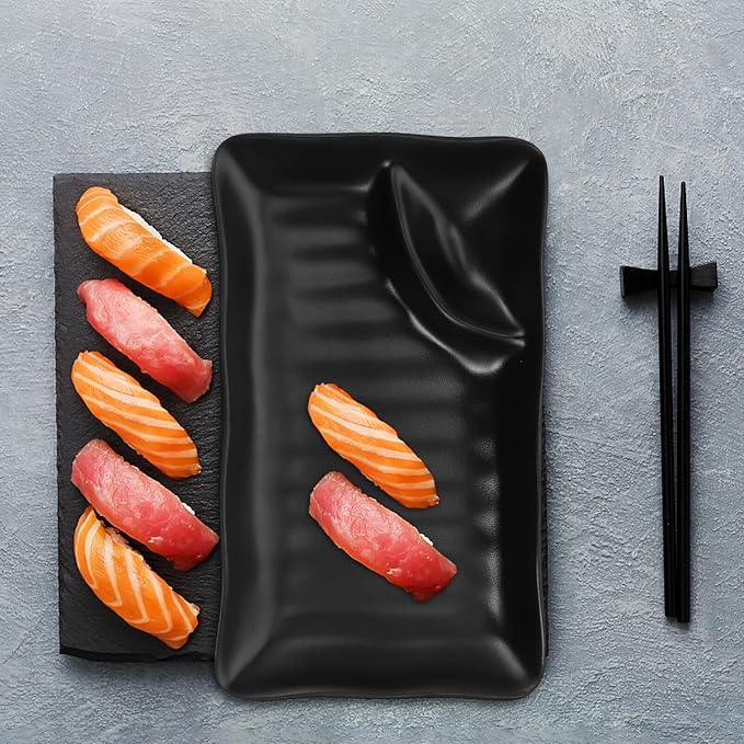 Kichvoe Japanese Sushi Dish 7.59X4.52 Inch Dumpling Plate with Vinegar Sauce Compartment Practical Dining Plate for Home Restaurant Buffet