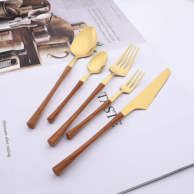 20 Piece Stainless Steel Cutlery Flatware Set, Mirror Polished Silverware Set with Wood Grain Handle, Kitchen Utensil Sets for 4, Tableware With Knife Spoons And Forks Set (Brown Gold)