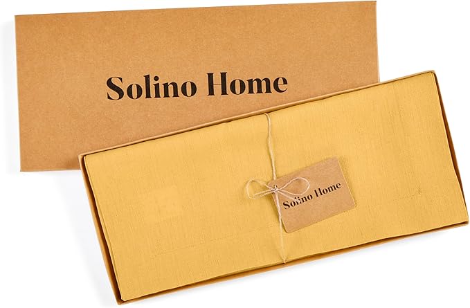 Solino Home Linen Table Runner 120 Inches Long - 100% Pure Linen Mustard Yellow Table Runner 14 x 120 Inch - Fete