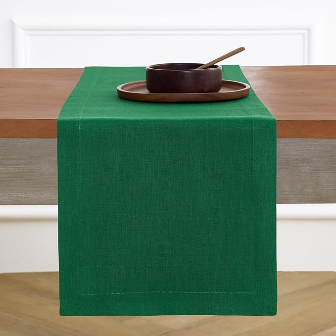 Solino Home Linen Christmas Green Table Runner 132 Inches Long - 100% Pure Linen Extra Long Table Runner 14 x 132 Inch - Fete