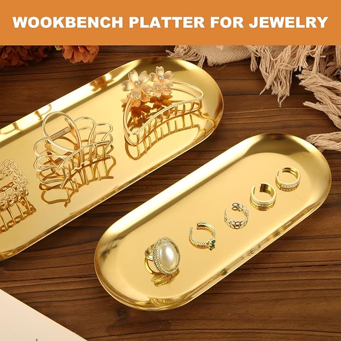 4PCS 304 Stainless Steel Serving Tray Set Gold Platters for Serving Food Large Metal Trays Decorative 12" 9” Long Plate Oval Storage Trays Thickened Serving Dishes for Party Buffet Sushi Snack