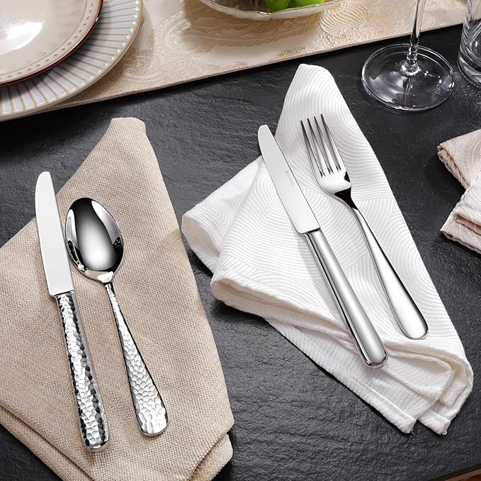 KEAWELL Premium Louise Hammered Serving Spoon Set, 18/10 Stainless Steel, 9" Fine Hostess Utensils with Round Edge, Dishwasher Safe (Set of 4)
