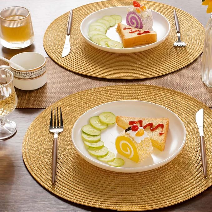 FunWheat Round Braided Placemats Set of 6 Table Mats for Dining Tables Woven Washable Non-Slip Place mats 15 Inch(Pumpkin Yellow, 6pcs