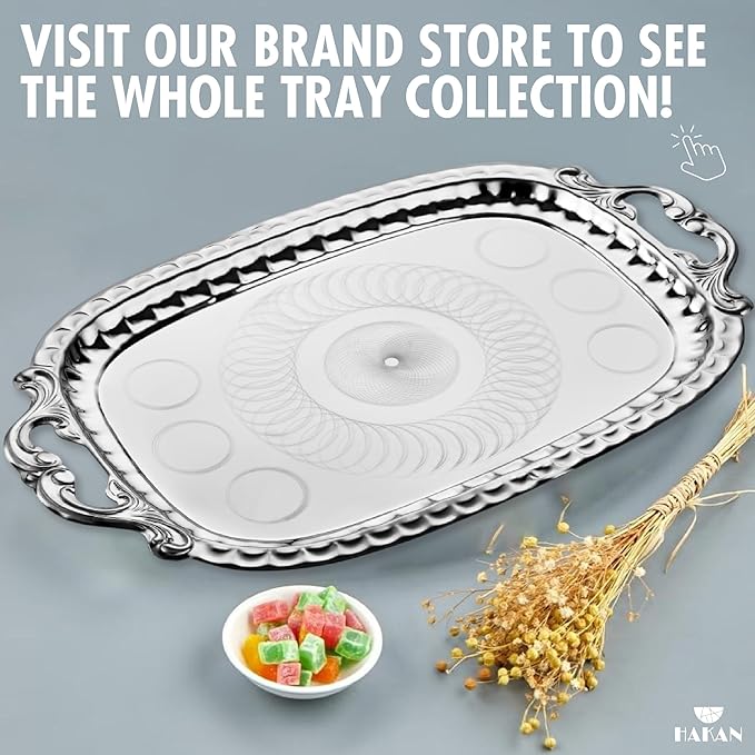Hakan Stainless Steel Serving Tray with Handles, 19 x 11.6-inch Ornamental Rectangular Decorative Design Platter for Table. Party, Centerpiece Platter, Antique Wedding Decor, Silver