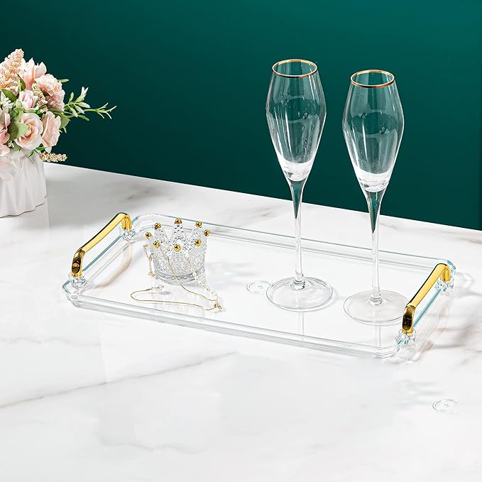 Acrylic Serving Tray with Handles Ottoman Countertop Decorative Spill-Proof Tray for Coffee Table Living Room Bedroom16 x 9 x 0.8 inches (Gray)