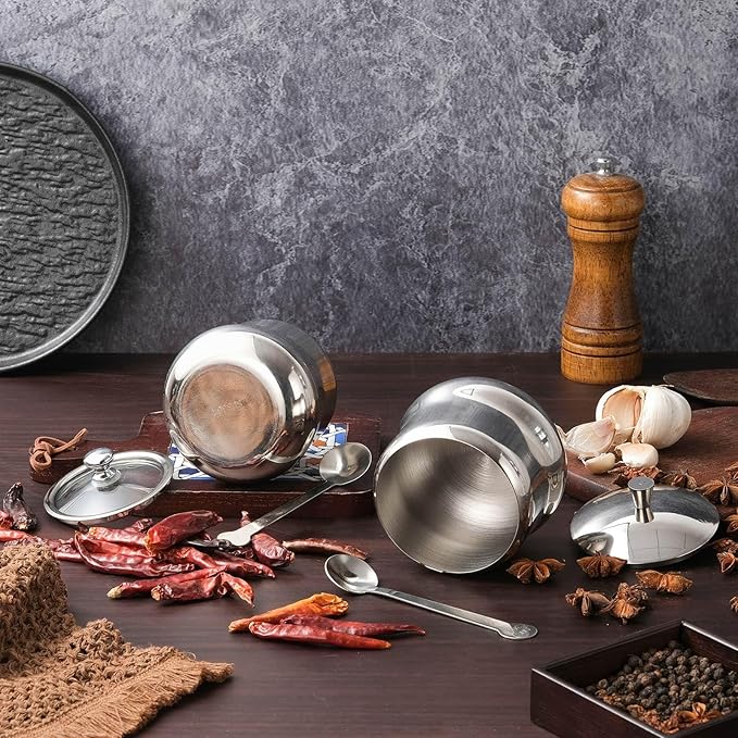 2 pack 12oz Stainless Steel Sugar Bowl Decorative Silver Ghee Container with Spoon and Glass Lid Small Spice Jars for Seasonings Condiment Pot for Kitchen Coffee Table
