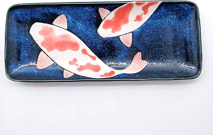 Made in Japan Koi Fish Ceramic Dinnerware Set – 6-Piece Blue & Red Plates and Bowls | Hand-Painted Carp Motif | Dishwasher Safe | Japanese Tableware Gift Set