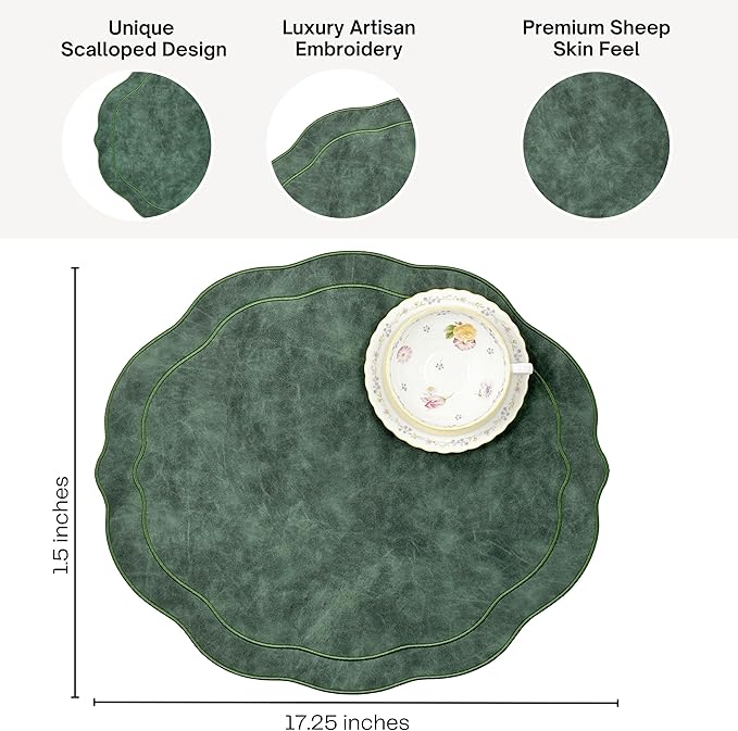 Embroidered Scalloped Faux Leather Placemats Set of 4 - Wipeable Luxury Dinner Table Mats for Dining & Kitchen Decor, Christmas, 17.25" x 15", Green