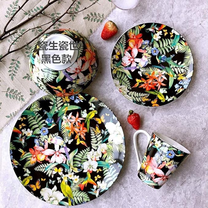 SHINING Porcelain Bone China Dinnerware Ceramic Floral Design Tableware Service Plate Mug Bowl Set (Black Cereal Bowl)