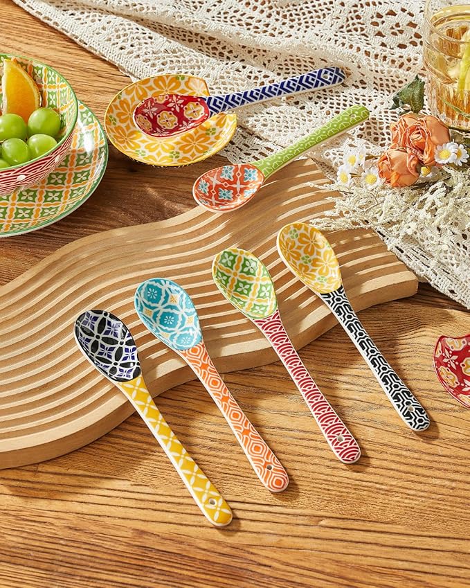 Long Handle Spoons, 8.5" Ceramic Serving Spoon for Cereal, Soups, Stews, Ice Cream, Colorful Decorative Spoons, Dishwasher & Microwave Safe, Assorted Colors, Set of 6