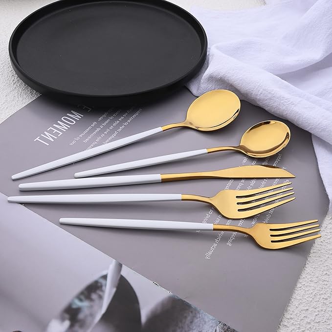 60-Piece Modern Matte Silverware Set, Uniturcky 304 Stainless Steel Flatware Cutlery Set, Elegant Kitchen Utensils Service For 12, Includes Dinner Knives/Spoons/Forks,White Gold Satin Finish