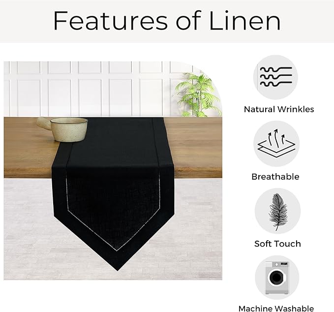D'Moksha Homes Black Linen Table Runner 60 Inches Long - 100% Pure Linen Diamond Table Runner 14 x 60 Inch for Dining, Winter, Christmas, Holiday, New Year - Machine Washable
